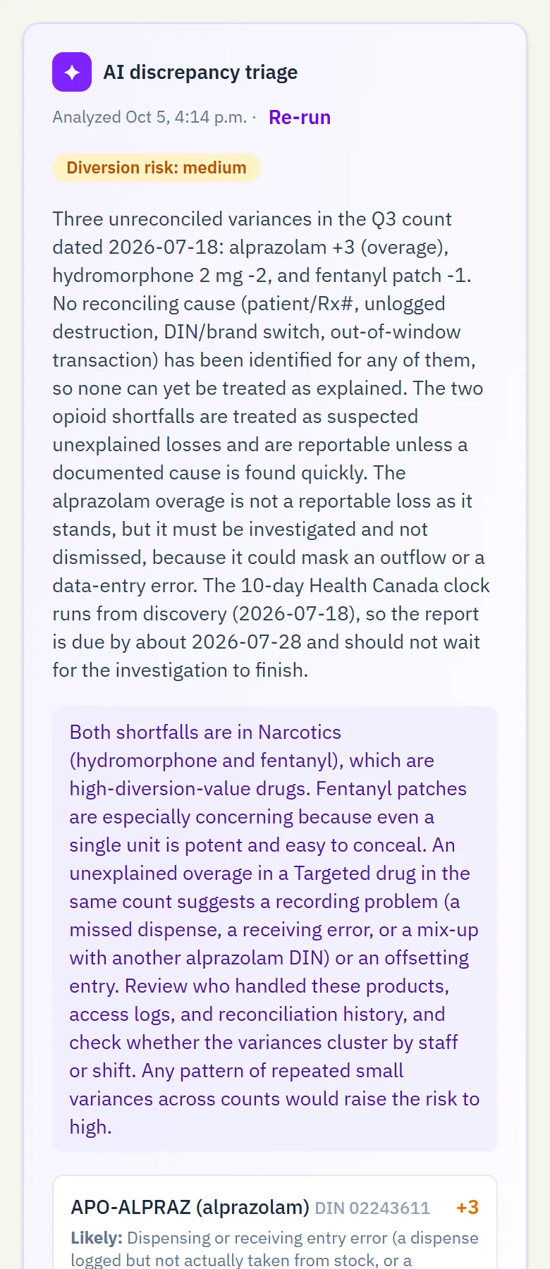 NarcCount's AI discrepancy triage on a count: a diversion-risk rating, then for each line that is off, the likely causes and the action to take.