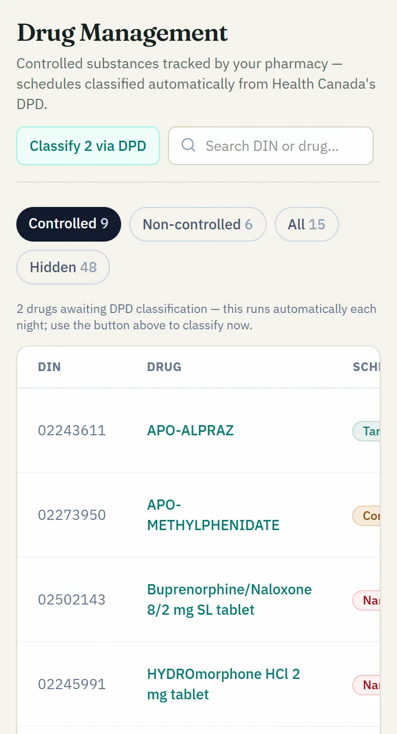 NarcCount's Drug Management screen: every controlled substance by DIN, its schedule, and how often it appears in counts, purchases, dispensing and destructions.